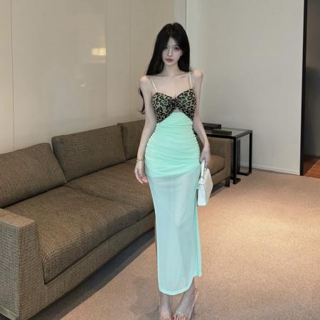 BY17413# 辣妹风豹纹吊带连衣裙网纱透视收腰长裙派对约会小礼裙