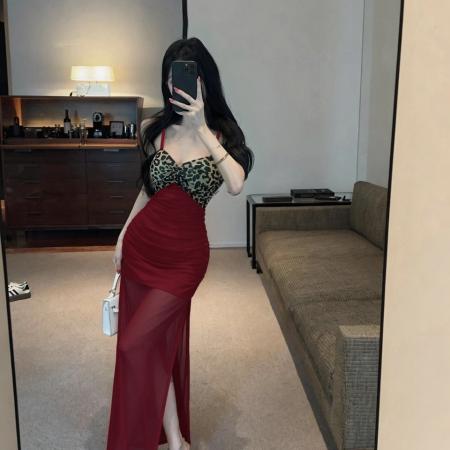 BY17413# 辣妹风豹纹吊带连衣裙网纱透视收腰长裙派对约会小礼裙