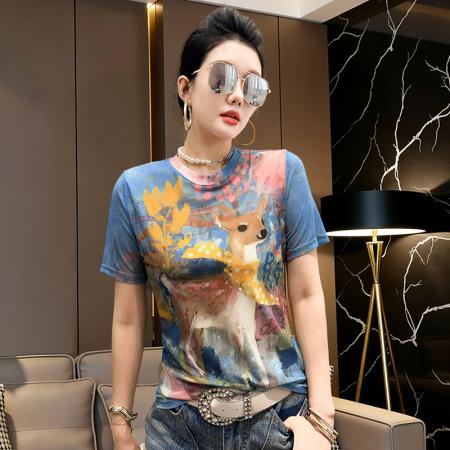 BY17414# 小鹿印花上衣欧洲站夏季修身显瘦型时尚百搭网纱扎染上衣