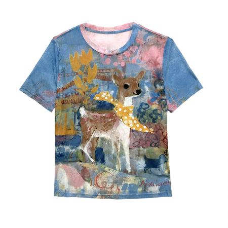 BY17414# 小鹿印花上衣欧洲站夏季修身显瘦型时尚百搭网纱扎染上衣