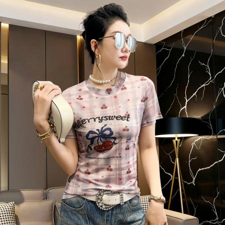 BY17415# 欧货夏季时尚纱网印花定位花短袖圆领修身显瘦洋气上衣潮