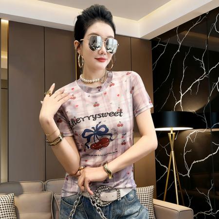 BY17415# 欧货夏季时尚纱网印花定位花短袖圆领修身显瘦洋气上衣潮