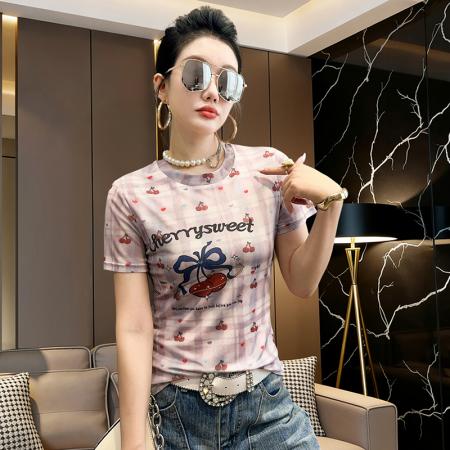 BY17415# 欧货夏季时尚纱网印花定位花短袖圆领修身显瘦洋气上衣潮