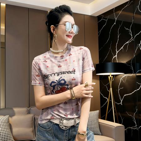 BY17415# 欧货夏季时尚纱网印花定位花短袖圆领修身显瘦洋气上衣潮