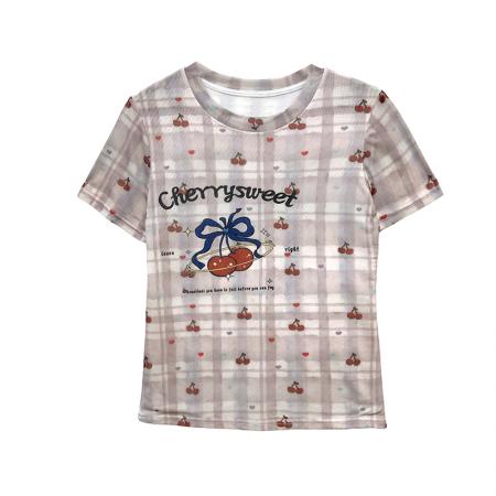 BY17415# 欧货夏季时尚纱网印花定位花短袖圆领修身显瘦洋气上衣潮