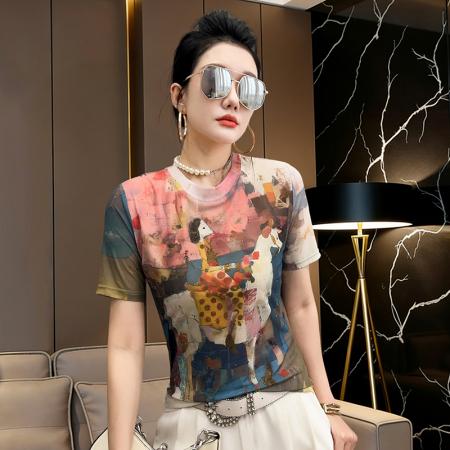 BY17416# 白马印花网纱短袖T恤女夏季超火减龄时尚显瘦气质烫钻上衣潮