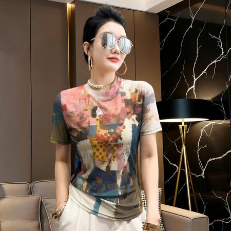 BY17416# 白马印花网纱短袖T恤女夏季超火减龄时尚显瘦气质烫钻上衣潮