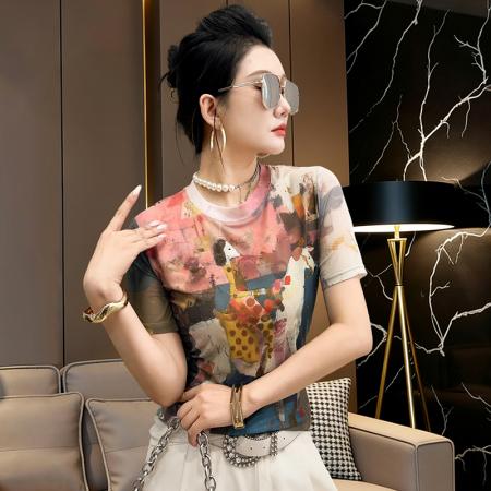 BY17416# 白马印花网纱短袖T恤女夏季超火减龄时尚显瘦气质烫钻上衣潮