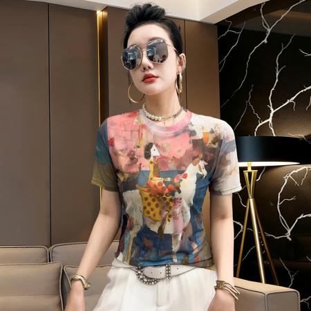 BY17416# 白马印花网纱短袖T恤女夏季超火减龄时尚显瘦气质烫钻上衣潮