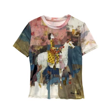 BY17416# 白马印花网纱短袖T恤女夏季超火减龄时尚显瘦气质烫钻上衣潮