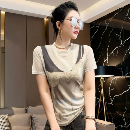 BY17417# 欧货夏季时尚纱网印花定位花短袖圆领修身显瘦洋气上衣潮