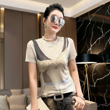 BY17417# 欧货夏季时尚纱网印花定位花短袖圆领修身显瘦洋气上衣潮