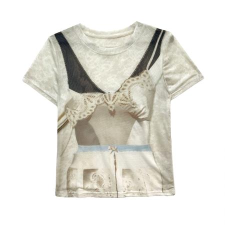 BY17417# 欧货夏季时尚纱网印花定位花短袖圆领修身显瘦洋气上衣潮