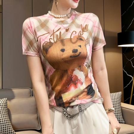 BY17418# 欧货夏季时尚纱网印花定位花短袖圆领修身显瘦洋气上衣潮