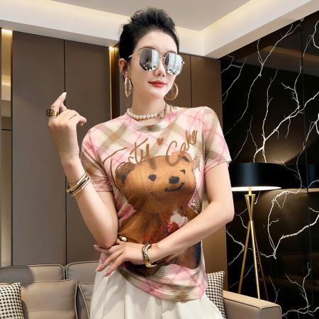 BY17418# 欧货夏季时尚纱网印花定位花短袖圆领修身显瘦洋气上衣潮