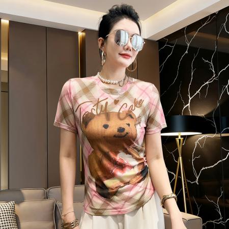 BY17418# 欧货夏季时尚纱网印花定位花短袖圆领修身显瘦洋气上衣潮