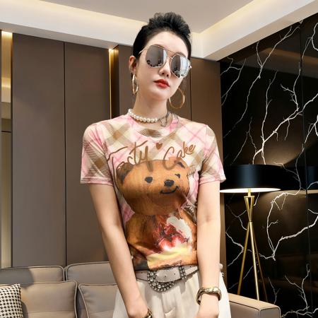 BY17418# 欧货夏季时尚纱网印花定位花短袖圆领修身显瘦洋气上衣潮