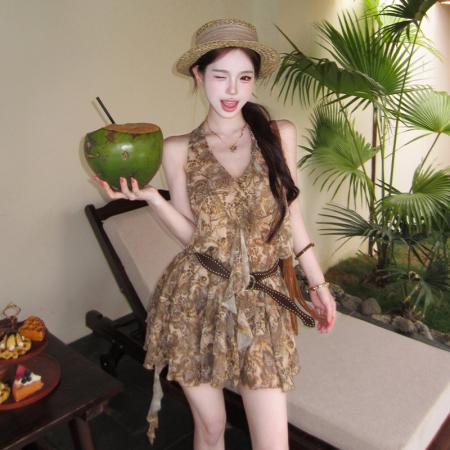 BY17419# 法式复古时尚豹纹气质短裙女夏季不规则纯欲风性感连衣裙