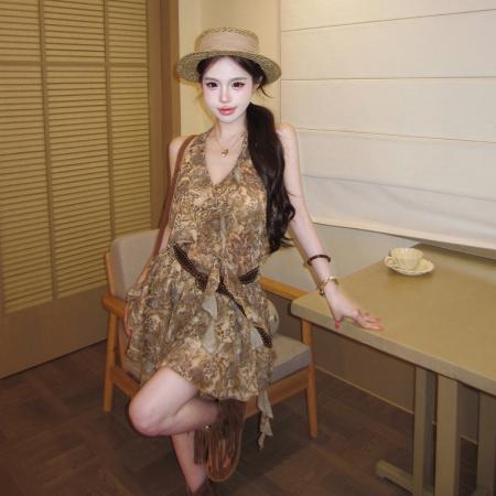 BY17419# 法式复古时尚豹纹气质短裙女夏季不规则纯欲风性感连衣裙