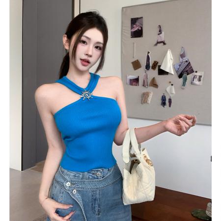 BY17421# 法式吊带背心女夏外穿美背性感短款无袖挂脖针织上衣酷飒