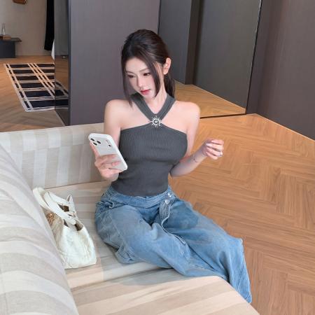 BY17421# 法式吊带背心女夏外穿美背性感短款无袖挂脖针织上衣酷飒