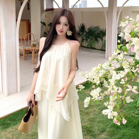 BY17424# 温柔减龄吊带上衣半身裙雪纺两件套女夏独特绝美度假长裙