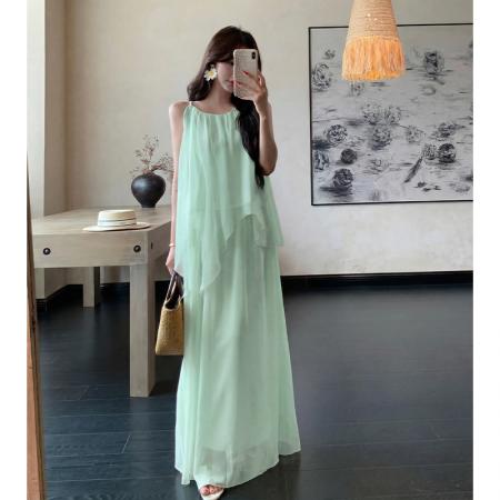 BY17424# 温柔减龄吊带上衣半身裙雪纺两件套女夏独特绝美度假长裙