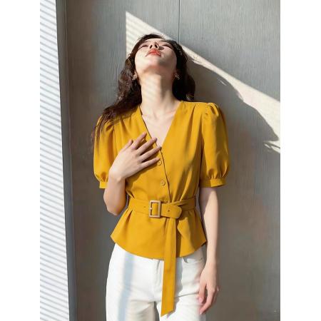 BY17425# 夏季法式复古收腰显瘦v领泡泡短袖西装衬衫女设计感小众绝美上衣