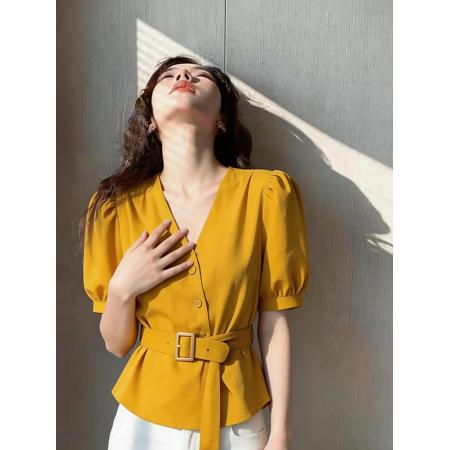 BY17425# 夏季法式复古收腰显瘦v领泡泡短袖西装衬衫女设计感小众绝美上衣