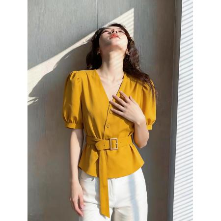 BY17425# 夏季法式复古收腰显瘦v领泡泡短袖西装衬衫女设计感小众绝美上衣