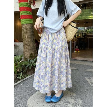 BY17428# ～新款韩版碎花拼接高腰显瘦半身裙印花百搭长款松紧腰半身裙