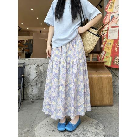 BY17428# ～新款韩版碎花拼接高腰显瘦半身裙印花百搭长款松紧腰半身裙