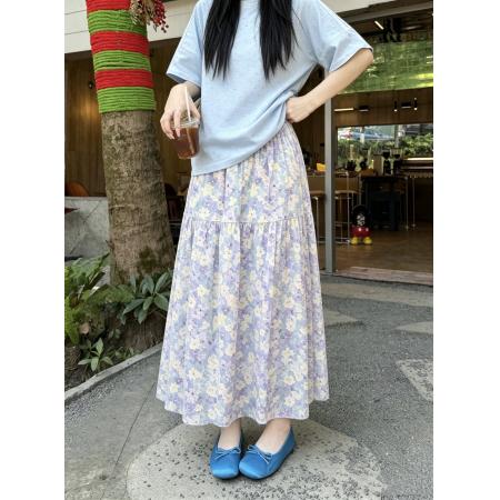 BY17428# ～新款韩版碎花拼接高腰显瘦半身裙印花百搭长款松紧腰半身裙