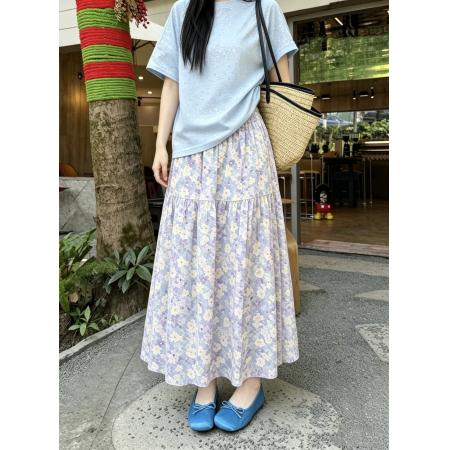 BY17428# ～新款韩版碎花拼接高腰显瘦半身裙印花百搭长款松紧腰半身裙