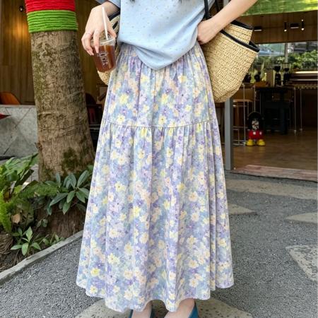 BY17428# ～新款韩版碎花拼接高腰显瘦半身裙印花百搭长款松紧腰半身裙