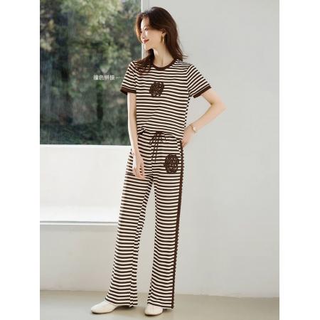 BY17429# 小香风名媛重工山茶花钉珠条纹上衣松紧腰直筒裤子两件套装女夏季