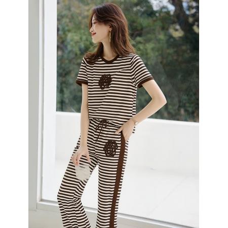 BY17429# 小香风名媛重工山茶花钉珠条纹上衣松紧腰直筒裤子两件套装女夏季