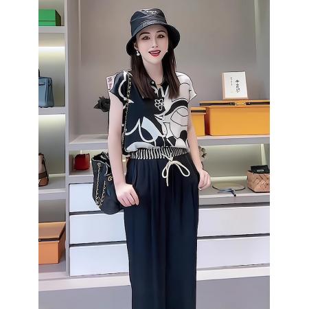 BY17430# 韩版流行时尚阔腿裤运动风新款拼色国风宽松短袖减龄上衣两件套女