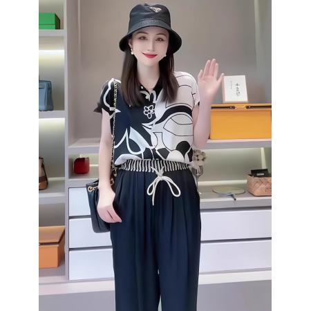 BY17430# 韩版流行时尚阔腿裤运动风新款拼色国风宽松短袖减龄上衣两件套女