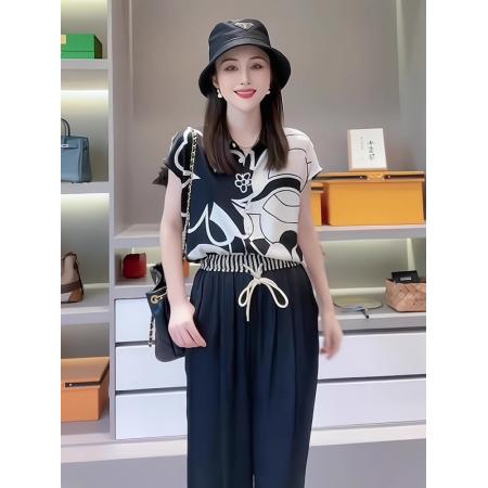 BY17430# 韩版流行时尚阔腿裤运动风新款拼色国风宽松短袖减龄上衣两件套女