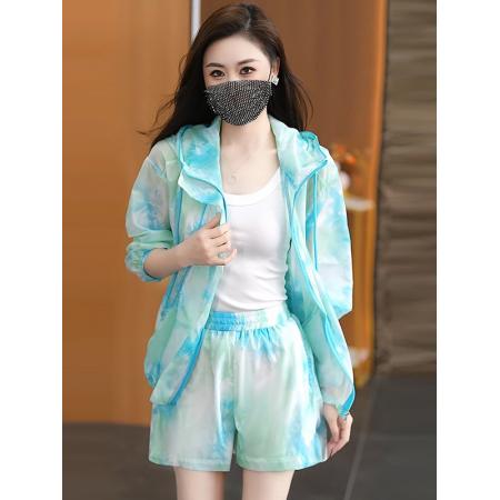 BY17431# 超火夏装一整套女休闲运动薄款连帽外套短款花色防晒两件套装