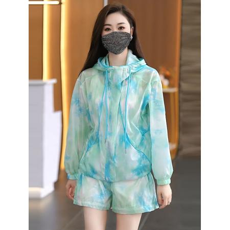 BY17431# 超火夏装一整套女休闲运动薄款连帽外套短款花色防晒两件套装