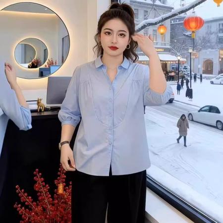 FA56877#法式休闲通勤翻领衬衫女2026夏季新款大码胖mm时尚洋气巨好看上衣