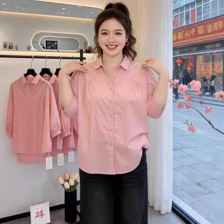 FA56877#法式休闲通勤翻领衬衫女2026夏季新款大码胖mm时尚洋气巨好看上衣