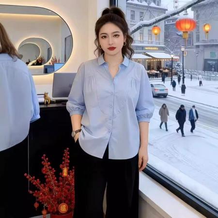 FA56877#法式休闲通勤翻领衬衫女2026夏季新款大码胖mm时尚洋气巨好看上衣