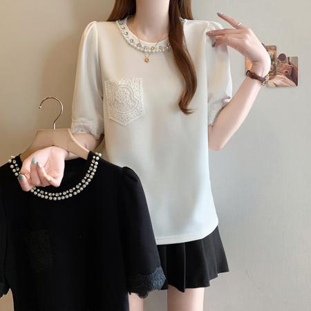 夏季新款大码女装轻奢时尚钉珠蕾丝拼接显瘦百搭T恤上衣 服裝批發女裝批發服飾貨源