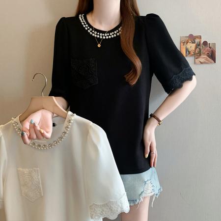 夏季新款大码女装轻奢时尚钉珠蕾丝拼接显瘦百搭T恤上衣 服裝批發女裝批發服飾貨源
