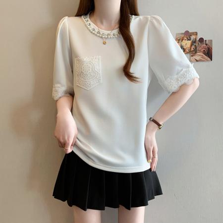 夏季新款大码女装轻奢时尚钉珠蕾丝拼接显瘦百搭T恤上衣 服裝批發女裝批發服飾貨源