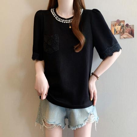 夏季新款大码女装轻奢时尚钉珠蕾丝拼接显瘦百搭T恤上衣 服裝批發女裝批發服飾貨源
