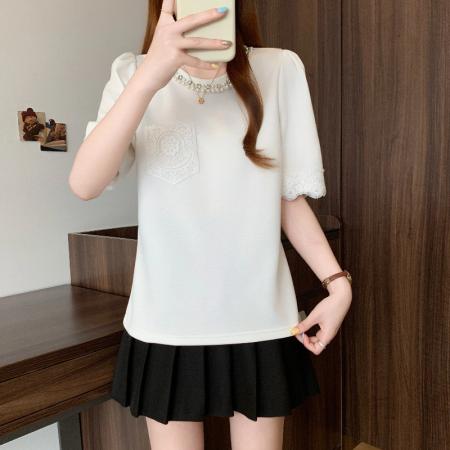 夏季新款大码女装轻奢时尚钉珠蕾丝拼接显瘦百搭T恤上衣 服裝批發女裝批發服飾貨源